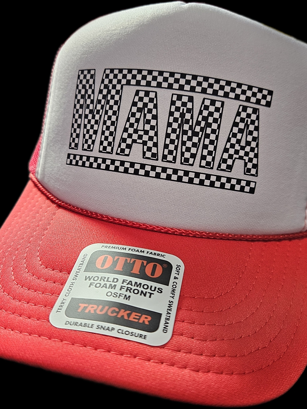 Otto Red and White Trucker Hat with 'MAMA' Graphic